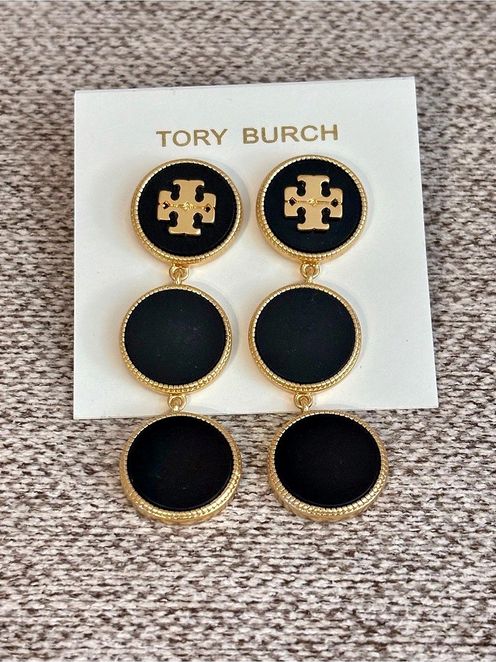 Tory Burch Black and Gold Triple Button Drop Statement Earrings- NWOT